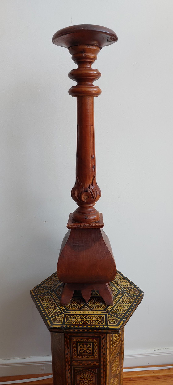 Image 1 of Large Candlestick - Wood - Hand Carved Asia - - 1950-1960