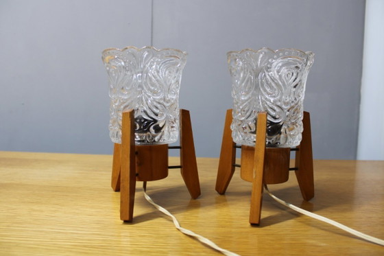Image 1 of Pair Czech 1970s Wood and Yellow Glass Mid Century Table Lamps