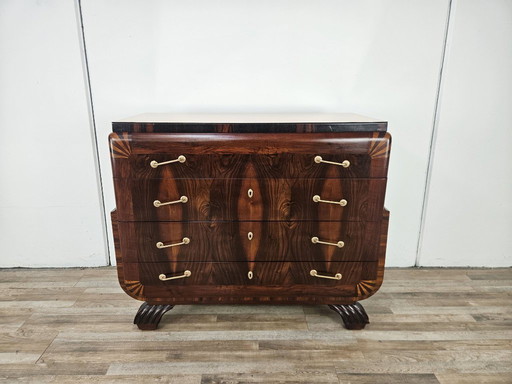 Art Deco commode in mahonie en roze esdoorn met spiegelblad.