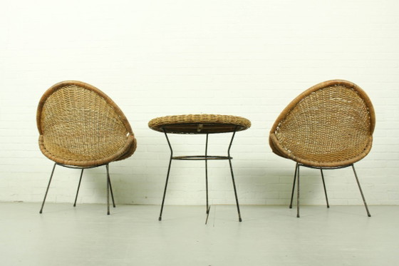 Image 1 of 1950s Italian Rattan Basket Chairs & Matching Bistro Table Set