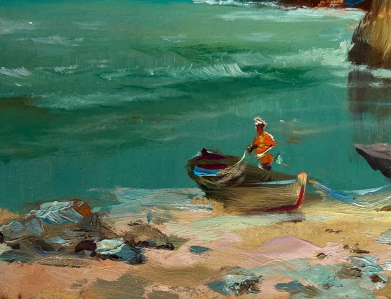 Image 1 of Original Oil Painting Sea Rock Landscape Great Day to Go Fishing