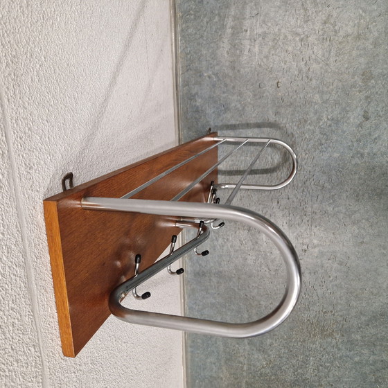 Image 1 of Teak coat rack 1960s vintage wall coat rack chrome coat rack