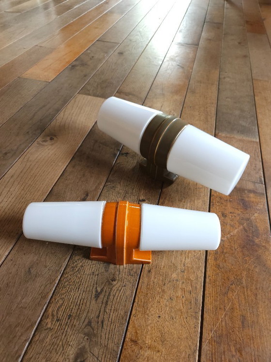 Image 1 of Porseleinen vintage wandlamp van Ifö Electric met 2 lichtpunten, oranje jaren 60 lamp ontworpen door Sigvard Bernadotte