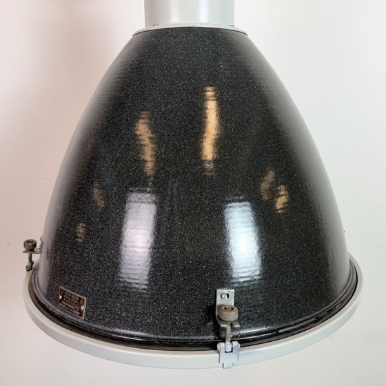Image 1 of Large Industrial Black Enamel Factory Lamp with Glass Cover, 1960s