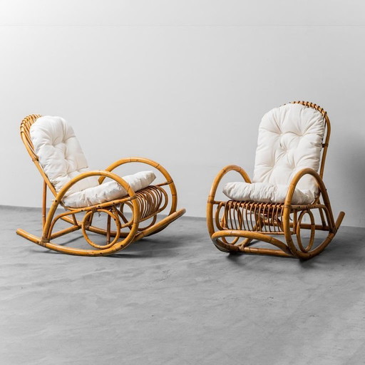 PAIR OF VAN SLIEDREGT NOORDWOLDE BAMBOO ROCKING CHAIRS, VINTAGE, 1970S