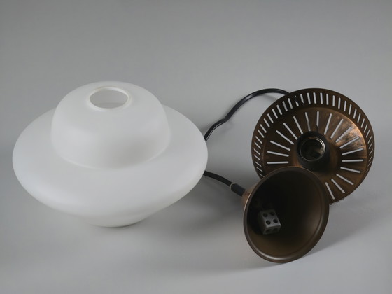 Image 1 of Rare 1950s Vintage Opal Arch Pendant Light By Svend Aage Holm‑Sørensen — Danish Mid-Century Modern Pendant Lamp.