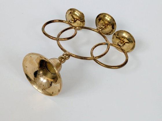 Image 1 of Candélabre vintage en laiton, porte-bougie conique à 3 bras, style milieu du siècle