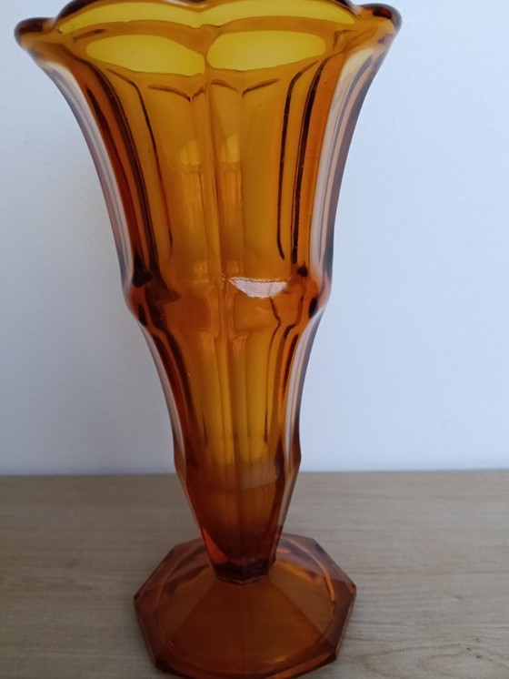 Image 1 of Amber color pressed glass art deco model vase