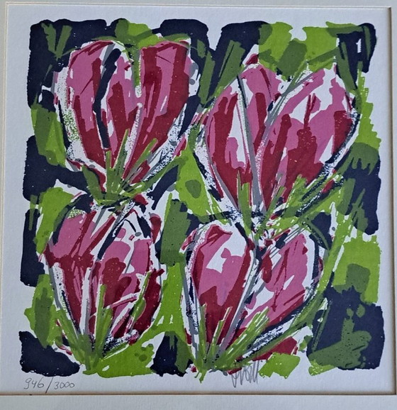 Ad van Hassel, Original color screen print "Red Tulips" (Framed), Lithographs & prints, Wood (photo 2 of 3)