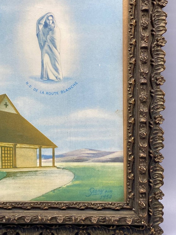Notre-Dame du Chemin Blanc, Ségny, gouache originale, signée et datée de 1950, encadrée – Objets déco, Glass (photo 2 of 6)