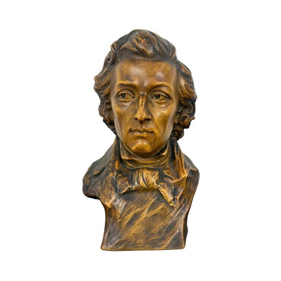 Vintage gipsen buste van Frédéric Chopin, Beeldhouwkunst, Brons, Bruin, Klassiek (foto 5 van 6)