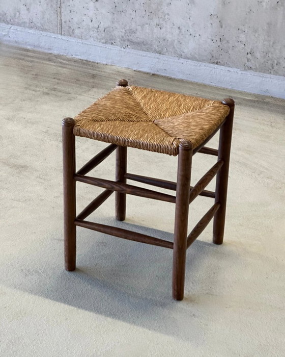 Image 1 of Taburete de madera con asiento de junco, años 60