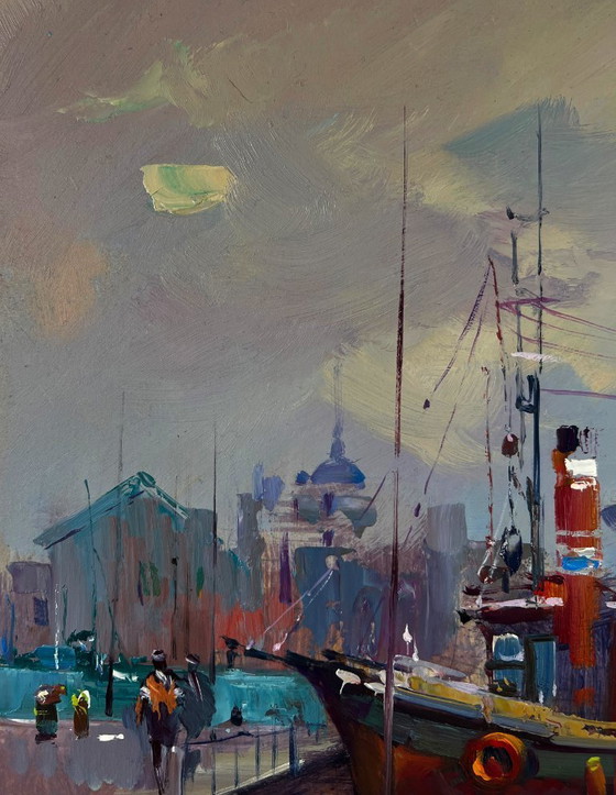 Image 1 of Original Oil Painting Gloomy Houses Landscape Boats bob at the city pier
