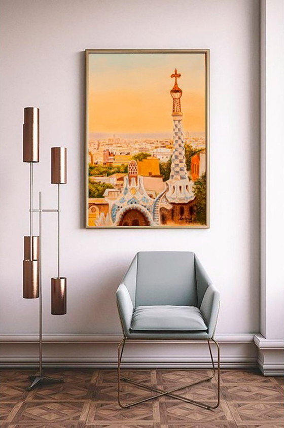 Image 1 of Drawing of Barcelona as seen from Park Güell. Park Güell drawing. Pastel drawing of Barcelona. Painting of Barcelona.