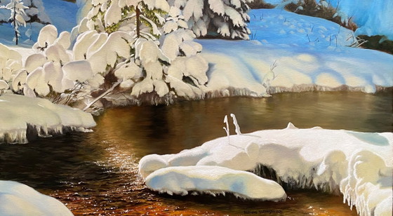 Original Oil Painting Stream Nature Landscape Snow Winter Forest – Paintings & Drawings, Canvas (photo 5 of 7)