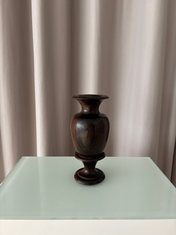 Vintage Sculptural Turned Wood Vase – Dark Hardwood – 20 cm – Artisan (photo 2 of 11)