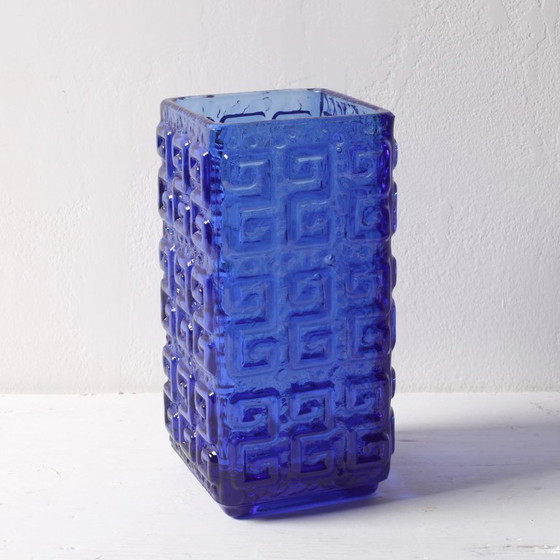 Image 1 of Cobalt Blue Vintage Mid-century Pressed Glass Vase Taalari by Tamara Aladin / Riihimäen Lasi Glassworks Finland / 1969