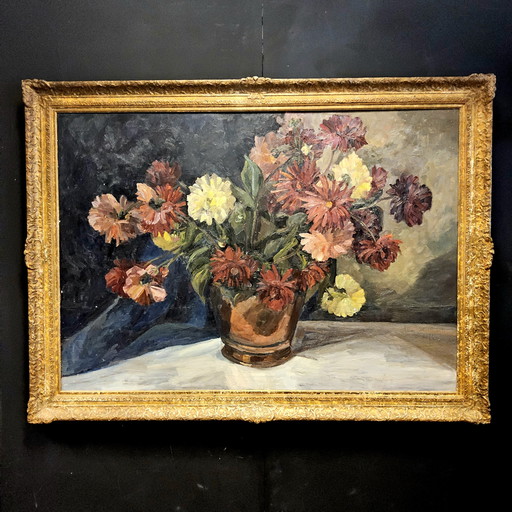 Grande Nature Morte Vintage à l'huile (162x120cm) Grande Nature Morte à l'huile (cadre baroque doré)