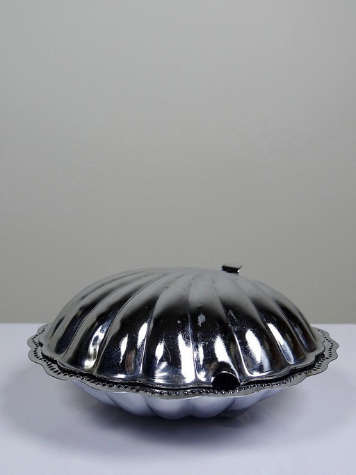 Beurrier Coquillage Métal Argenté et Verre Bleu Vintage 60-70