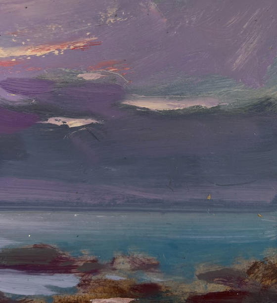 Image 1 of Original Oil Painting Evening Coastal Landscape Sailboat Over Blue Waves