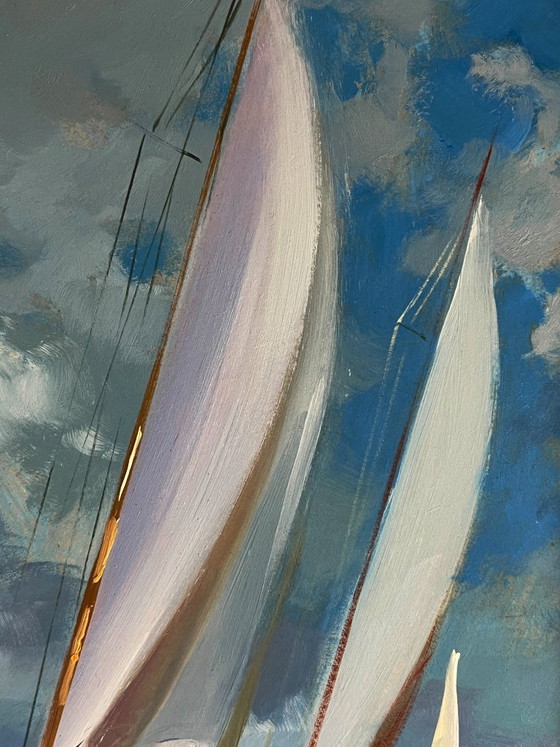 Image 1 of Dipinto ad olio originale raffigurante un paesaggio marino con onde, yacht e barche a vela in mare.