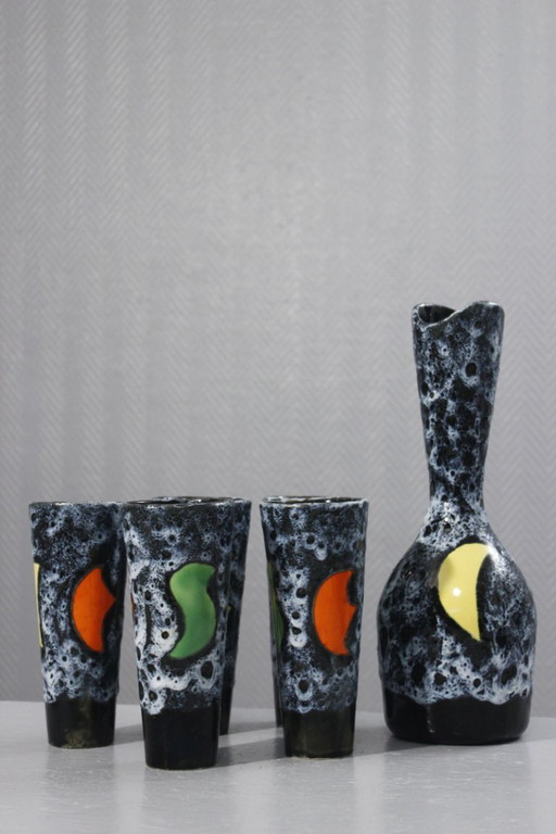 Luc Vallauris juice set carafe + 5 lava enamel tumblers France 1950s