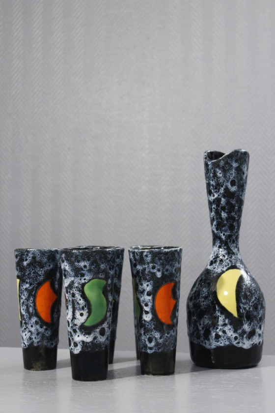 Image 1 of Luc Vallauris Saftservice Karaffe + 5 Becher Emaille Lava Frankreich 1950s