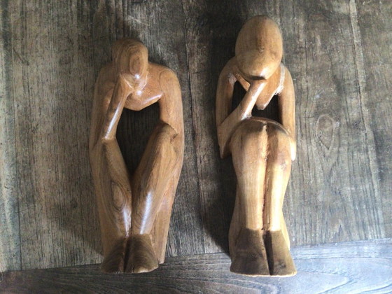 Conjunto de 2 estatuas de madera, figuras pensativas - 24 y 27 cm. – Objetos decorativos, Wood (photo 5 of 5)