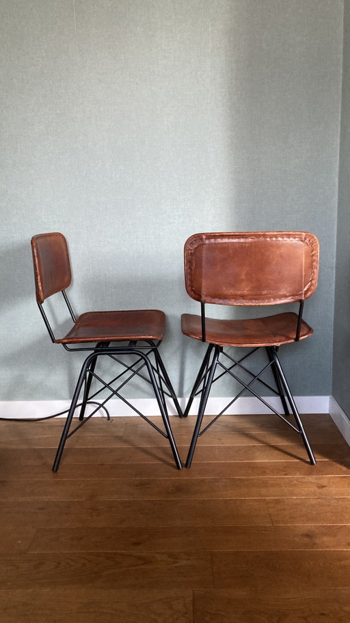 Ensemble de 2 chaises de salle à manger vintage en cuir avec piètement Eiffel noir – eetkamerstoelen, Leather (photo 2 of 5)