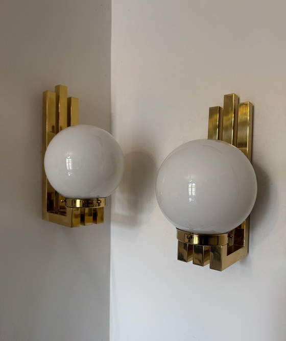 Image 1 of Opaline brass wall lights from the 1970s