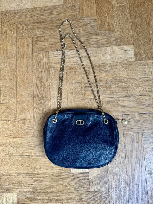 Vintage Christian Dior Schoudertas van Marineblauw Leer en Gouden Ketting