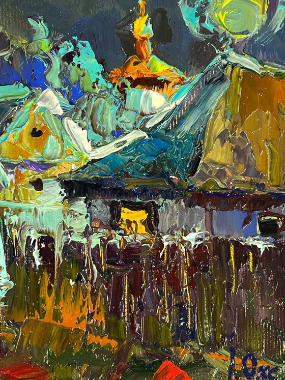 Image 1 of Peinture à l'huile originale représentant un paysage champêtre nocturne au clair de lune dans un village
