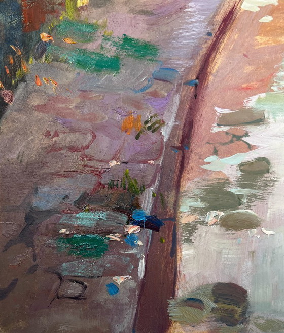 Image 1 of Peinture à l'huile originale, paysage de rue de ville, ruelle d'enfance