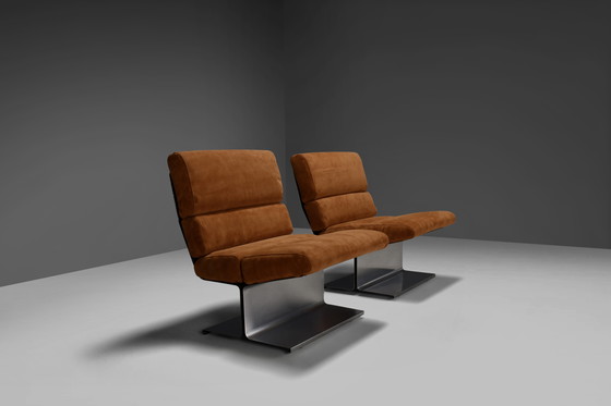 Image 1 of Très rare paire de chaises longues en cuir et acier par Paul Geoffroy pour Uginox, France, années 1970