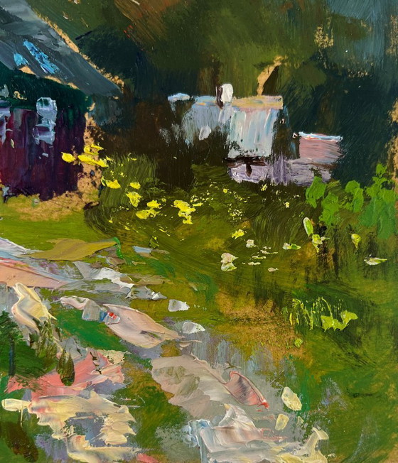 Image 1 of Original Oil Painting Summer Village Landscape Lonely house on the green of the hill