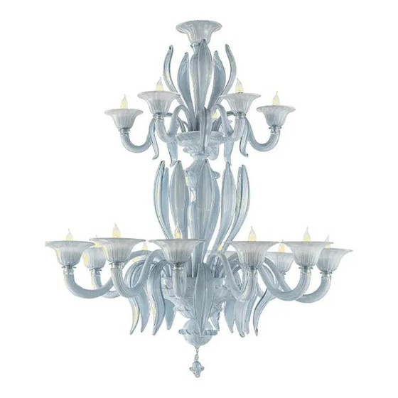 Image 1 of Lampadario in vetro di Murano color azzurro veneziano, stile Mid-Century Modern, con foglie, di Simoeng.