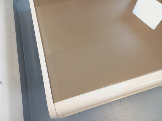 Image 1 of Vintage square coffee table in Space Age style, made of white wood and smoked glass, from the 1970s