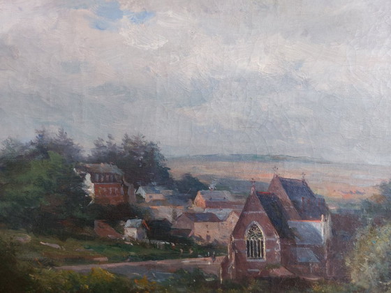 Image 1 of Paysage de village rural avec église - Henri Marcette (1824–1890)