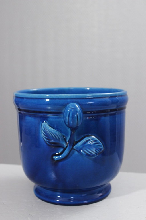 Vintage Keramik-Übertopf mit blauer Craquelé-Glasur, Chambost-Stil, 1970er Jahre