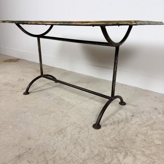 French Bistro table with green painted wooden top, Consoles, Metal, Rustic (photo 10 of 12)