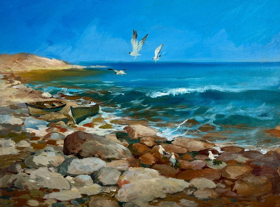 Image 1 of Pintura al óleo original Paisaje costero marino Sonidos de pájaros y olas del mar