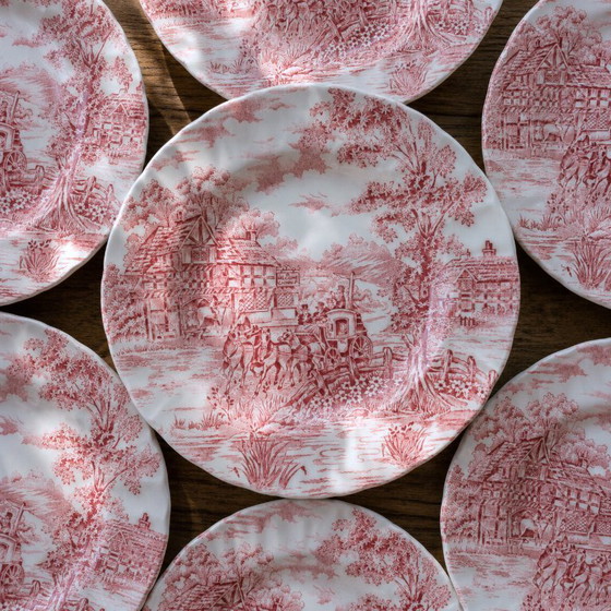 Image 1 of Antieke Engelse Myott Staffordshire borden, roze aardewerk.