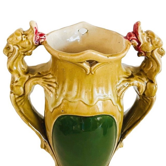 Image 1 of Antique XL Art Nouveau Barbotine vase green ceramic Majolica 1900's