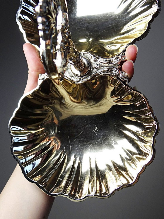 Image 1 of Antique double serving set in light gold-tone metal, vintage shell cup design, 1950s-1970s