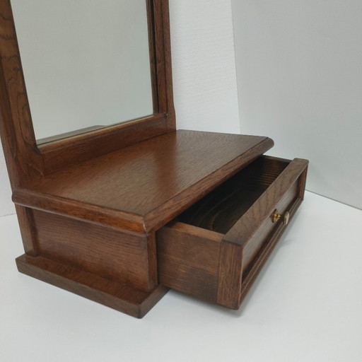 Specchio da parete vintage in legno di quercia con cassetto