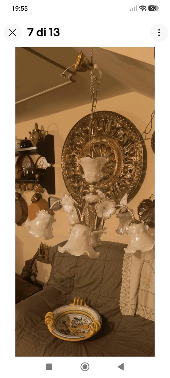 Vintage 5-Light Murano Style Chandelier in Brass and White Glass – Murano Glass (photo 7 of 9)
