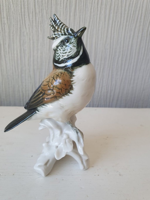 Uccellino in porcellana di Karl Ens – cincia dal ciuffo – dipinto a mano