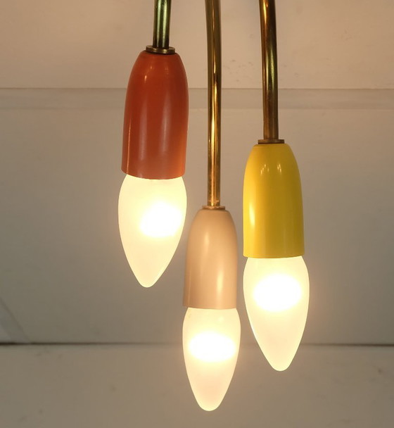 Image 1 of schöne 1950er Mitte Jahrhundert Sputnik Spinne 9-Licht Deckenleuchte Kronleuchter Messing Metall Mitte Jahrhundert stilnovo