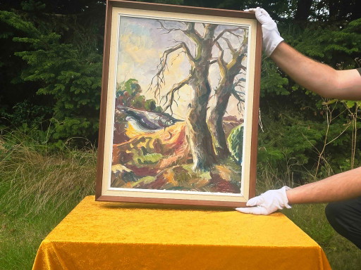 Peinture à l'huile de paysage originale avec étiquettes d'exposition