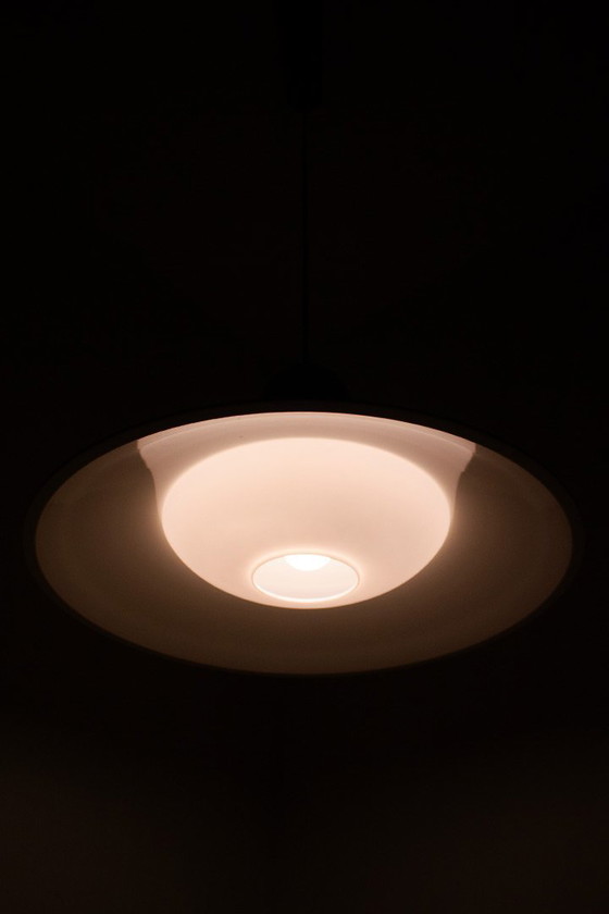 Image 1 of Lampada a sospensione vintage UFO GlasHütte Limburg in metallo e vetro opalino